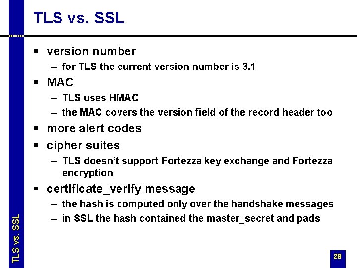 TLS vs. SSL § version number – for TLS the current version number is TLS vs. SSL § version number – for TLS the current version number is