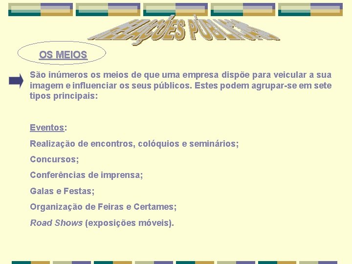 OS MEIOS São inúmeros os meios de que uma empresa dispõe para veicular a