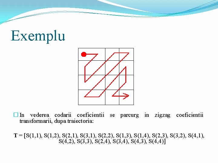 Exemplu � In vederea codarii coeficientii se parcurg in zigzag coeficientii transformarii, dupa traiectoria: