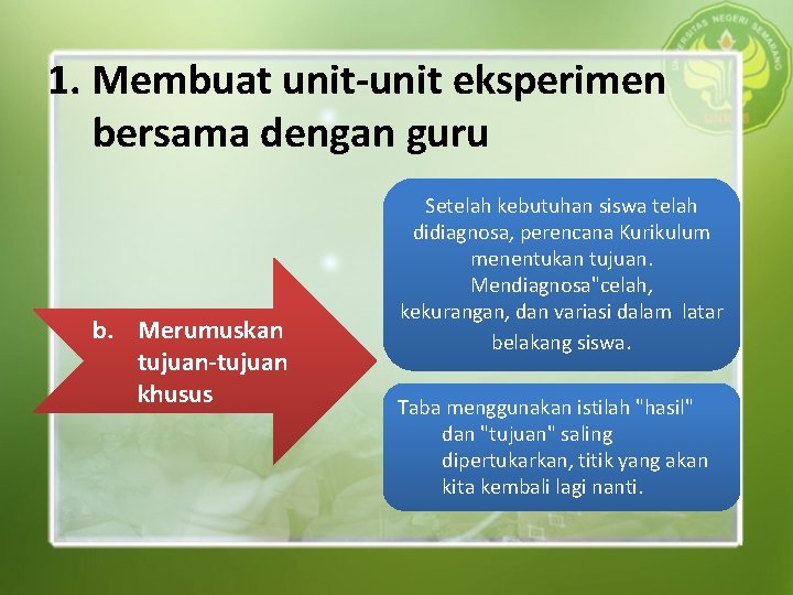 1. Membuat unit-unit eksperimen bersama dengan guru b. Merumuskan tujuan-tujuan khusus Setelah kebutuhan siswa 1. Membuat unit-unit eksperimen bersama dengan guru b. Merumuskan tujuan-tujuan khusus Setelah kebutuhan siswa