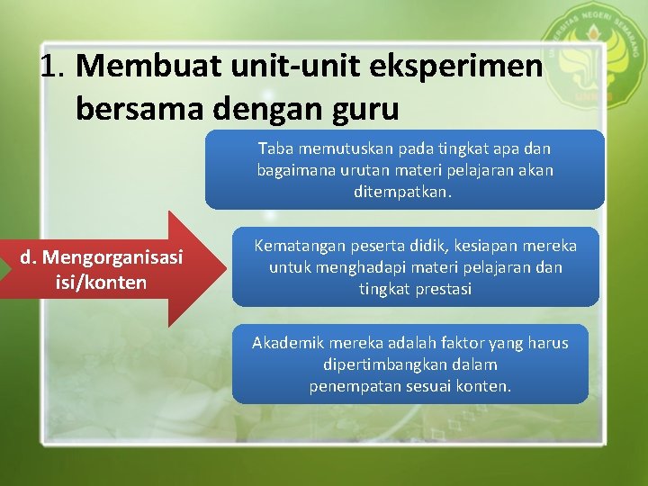 1. Membuat unit-unit eksperimen bersama dengan guru Taba memutuskan pada tingkat apa dan bagaimana 1. Membuat unit-unit eksperimen bersama dengan guru Taba memutuskan pada tingkat apa dan bagaimana