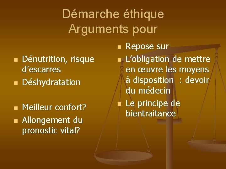 Démarche éthique Arguments pour n n n Dénutrition, risque d’escarres Déshydratation Meilleur confort? Allongement