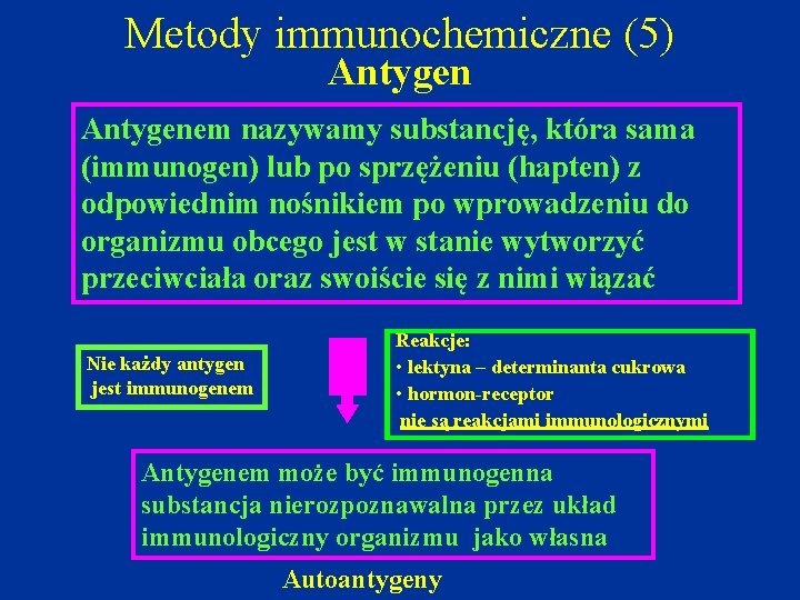 Metody immunochemiczne (5) Antygenem nazywamy substancję, która sama (immunogen) lub po sprzężeniu (hapten) z