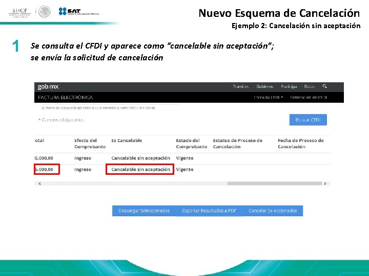 Nuevo Esquema de Cancelación Ejemplo 2: Cancelación sin aceptación 1 Se consulta el CFDI