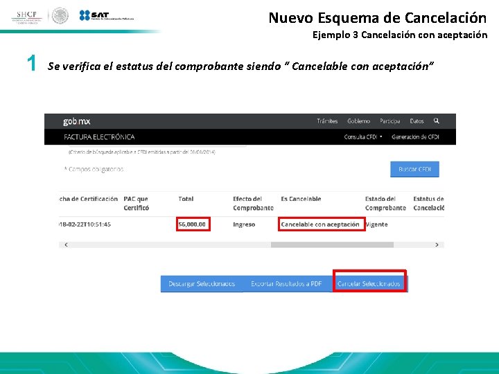 Nuevo Esquema de Cancelación Ejemplo 3 Cancelación con aceptación 1 Se verifica el estatus