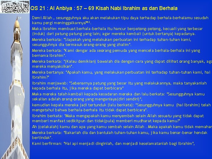 QS 21 : Al Anbiya : 57 – 69 Kisah Nabi Ibrahim as dan