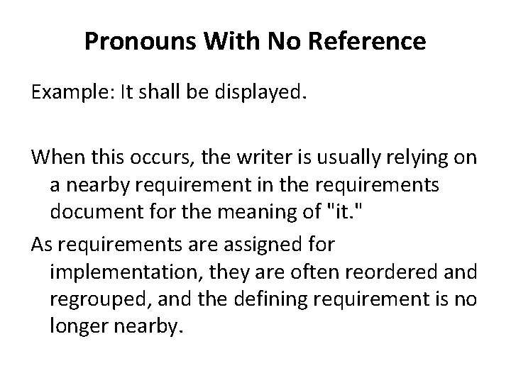 Pronouns With No Reference Example: It shall be displayed. When this occurs, the writer