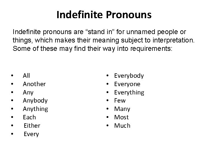 Indefinite Pronouns Indefinite pronouns are “stand in” for unnamed people or things, which makes