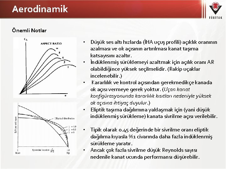 Aerodinamik Önemli Notlar • Düşük ses altı hızlarda (İHA uçuş profili) açıklık oranının azalması