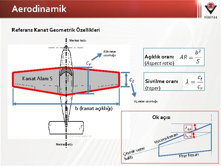 Aerodinamik Referans Kanat Geometrik Özellikleri Merkez hattı Kök veter uzunluğu Açıklık oranı (Aspect ratio)