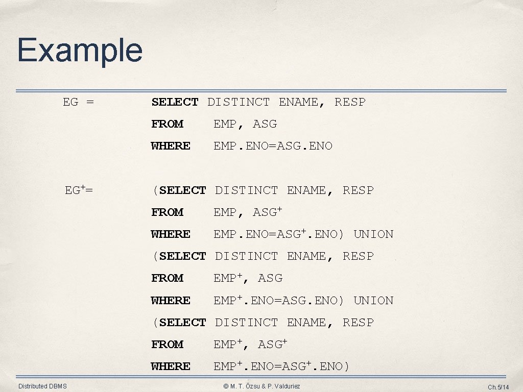 Example EG = EG+= SELECT DISTINCT ENAME, RESP FROM EMP, ASG WHERE EMP. ENO=ASG.