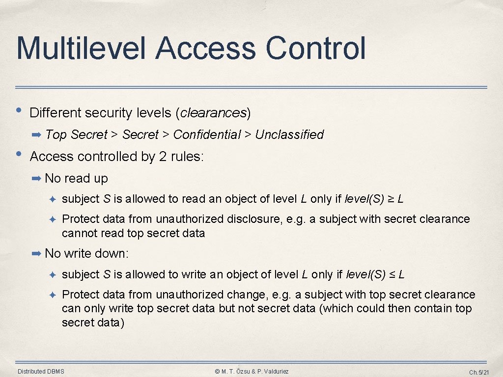 Multilevel Access Control • Different security levels (clearances) ➡ Top Secret > Confidential >