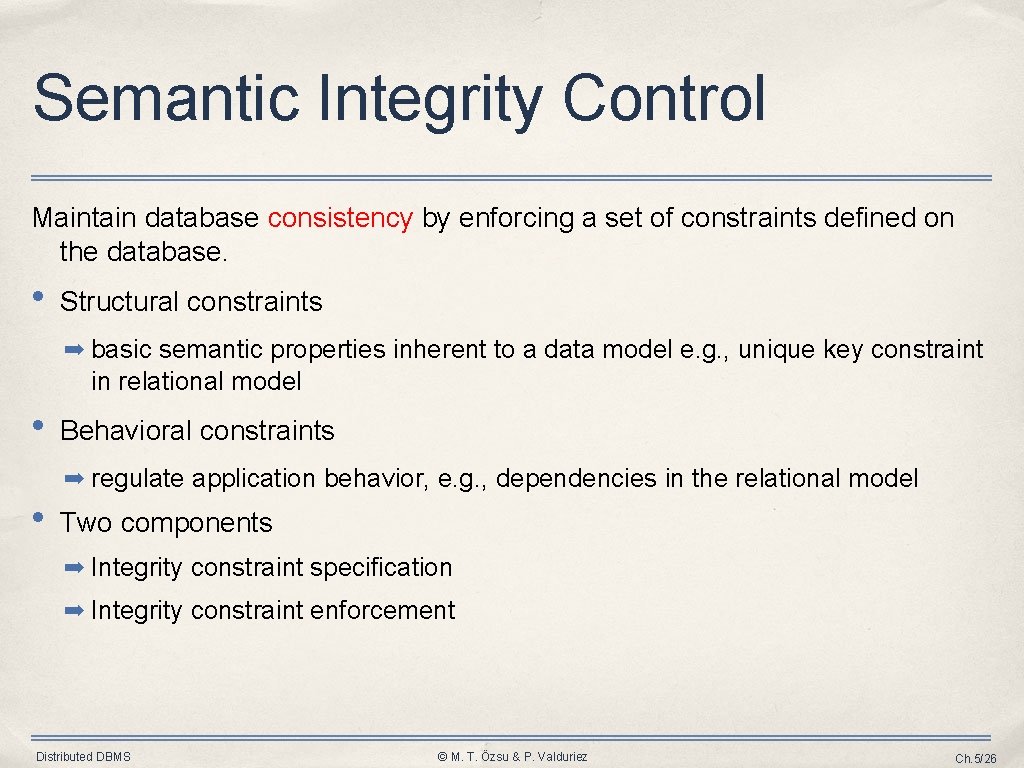 Semantic Integrity Control Maintain database consistency by enforcing a set of constraints defined on