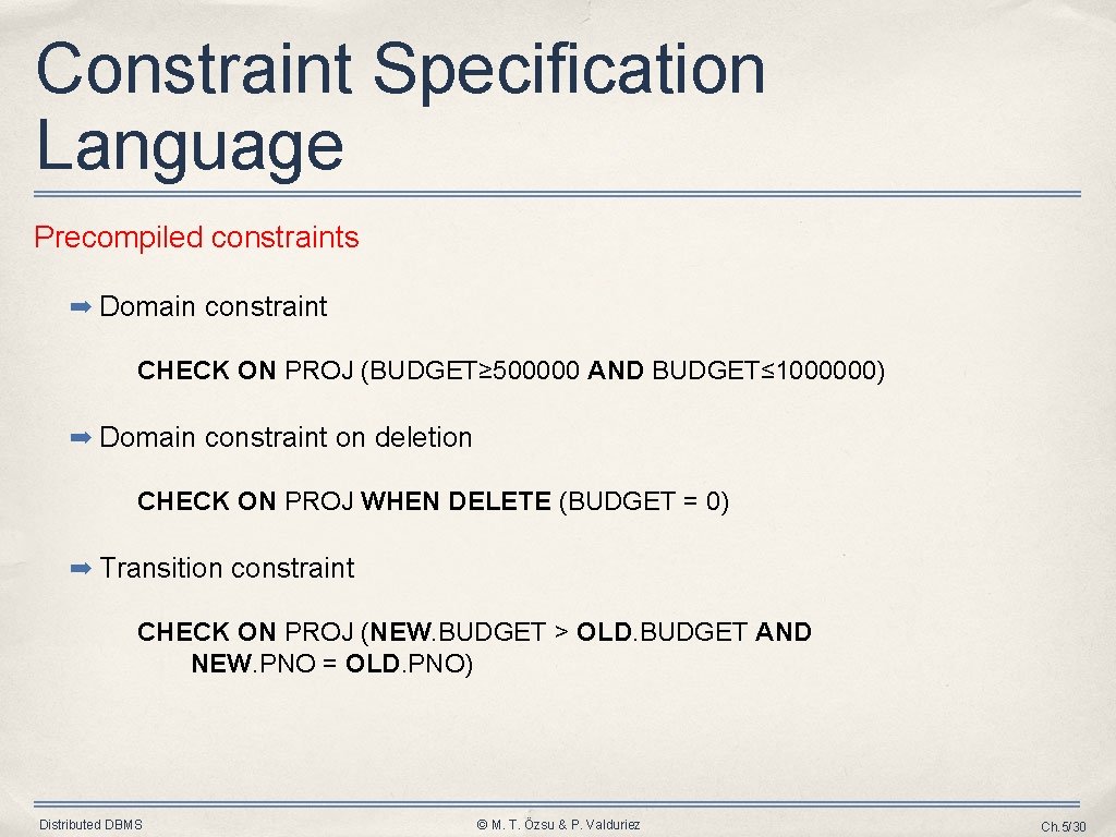 Constraint Specification Language Precompiled constraints ➡ Domain constraint CHECK ON PROJ (BUDGET≥ 500000 AND