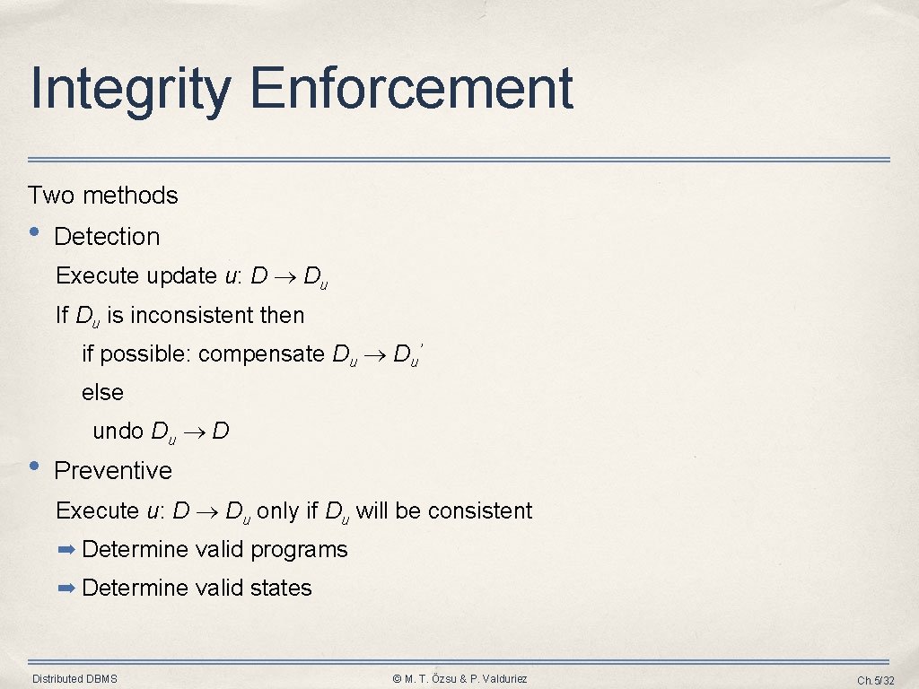 Integrity Enforcement Two methods • Detection Execute update u: D Du If Du is