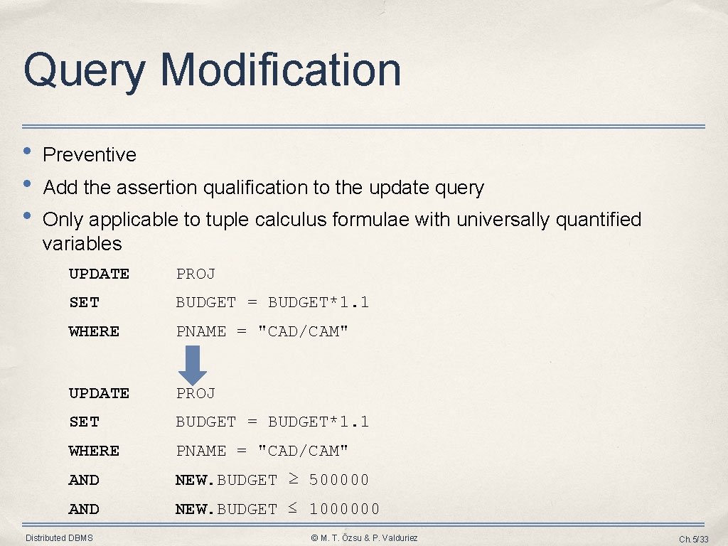 Query Modification • • • Preventive Add the assertion qualification to the update query
