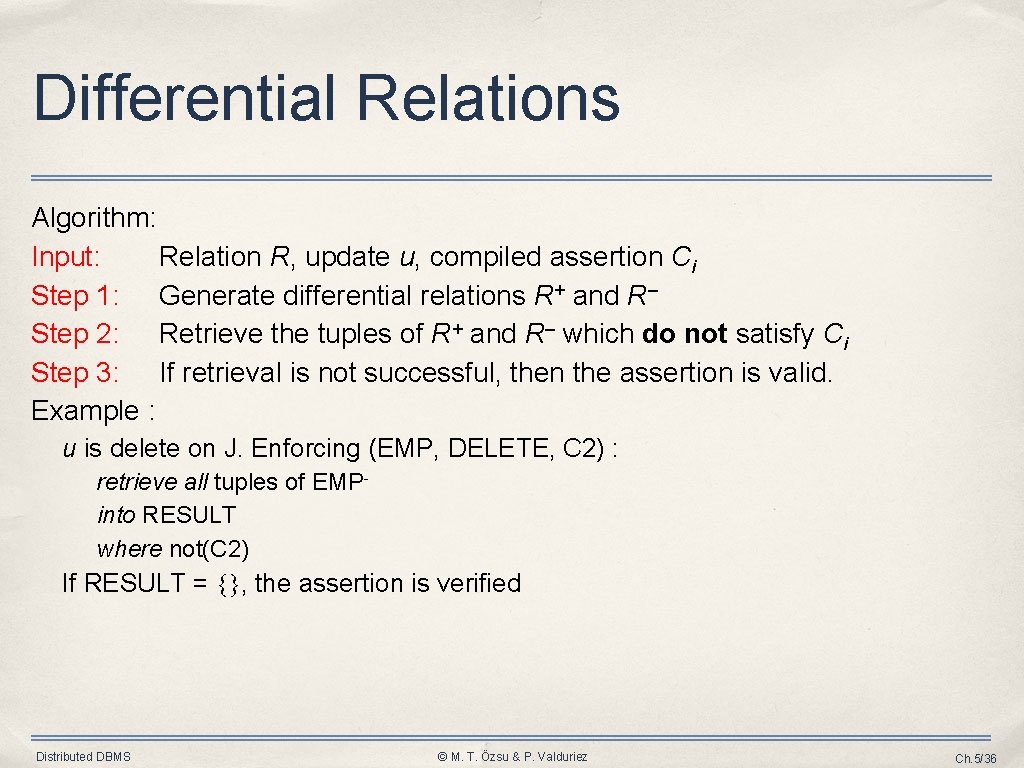 Differential Relations Algorithm: Input: Relation R, update u, compiled assertion Ci Step 1: Generate