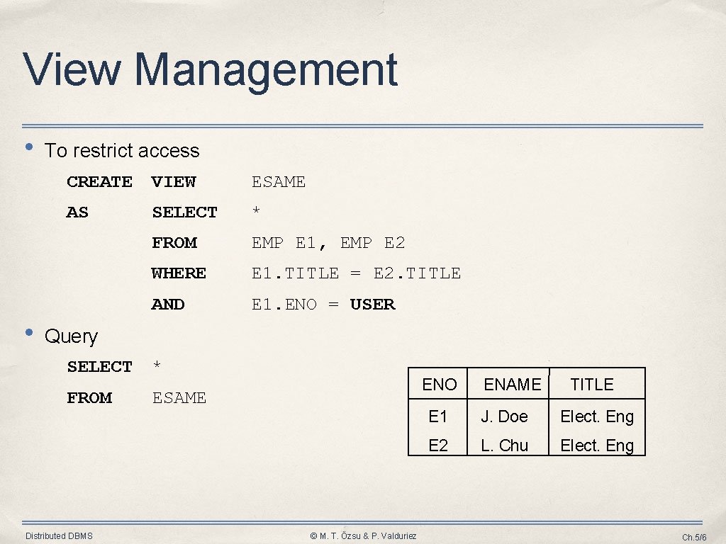 View Management • • To restrict access CREATE VIEW ESAME AS SELECT * FROM