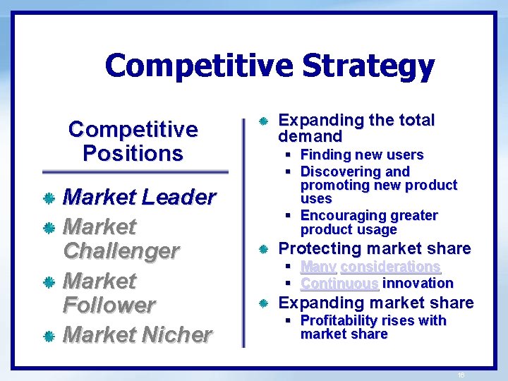 Competitive Strategy Competitive Positions Market Leader Market Challenger Market Follower Market Nicher Expanding the