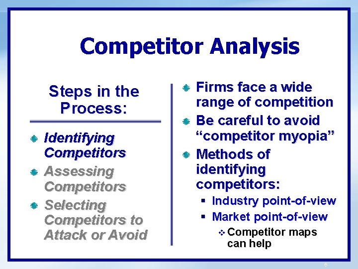 Competitor Analysis Steps in the Process: Identifying Competitors Assessing Competitors Selecting Competitors to Attack