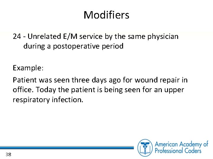 Modifiers 24 - Unrelated E/M service by the same physician during a postoperative period