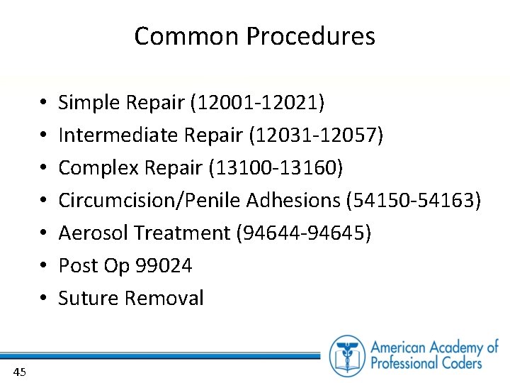Common Procedures • • 45 Simple Repair (12001 -12021) Intermediate Repair (12031 -12057) Complex