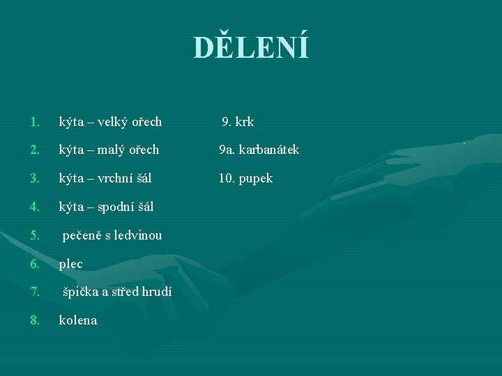 DĚLENÍ 1. kýta – velký ořech 9. krk 2. kýta – malý ořech 9