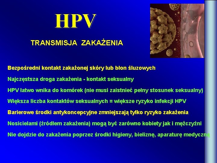 HPV TRANSMISJA ZAKAŻENIA Bezpośredni kontakt zakażonej skóry lub błon śluzowych Najczęstsza droga zakażenia -