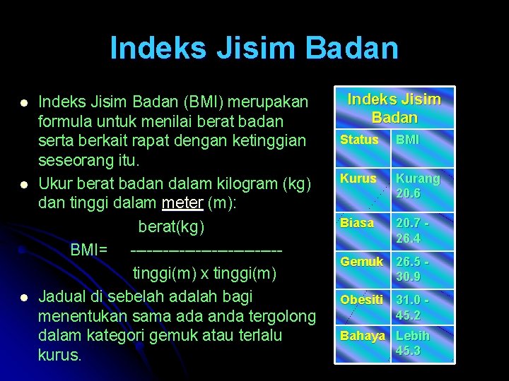 Indeks Jisim Badan l l l Indeks Jisim Badan (BMI) merupakan formula untuk menilai