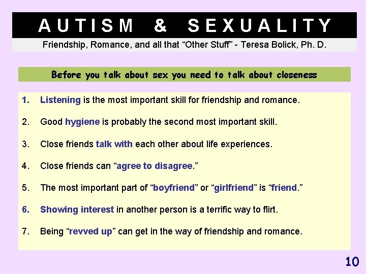 AUTISM & SEXUALITY Friendship, Romance, and all that “Other Stuff” - Teresa Bolick, Ph.