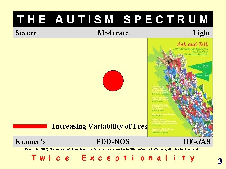 THE AUTISM SPECTRUM Severe Moderate Light Increasing Variability of Presentation Kanner’s PDD-NOS HFA/AS Rosenn,