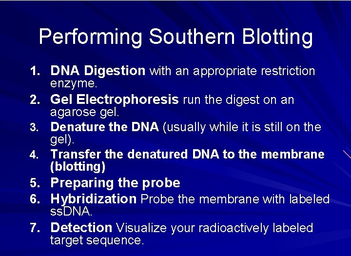 Performing Southern Blotting 1. DNA Digestion with an appropriate restriction enzyme. 2. Gel Electrophoresis