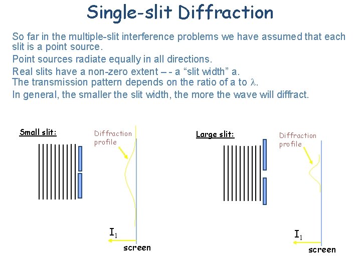 Single-slit Diffraction So far in the multiple-slit interference problems we have assumed that each