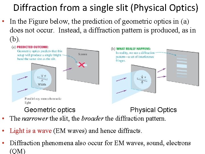 Diffraction from a single slit (Physical Optics) • In the Figure below, the prediction