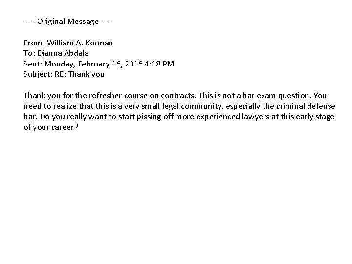 -----Original Message----From: William A. Korman To: Dianna Abdala Sent: Monday, February 06, 2006 4: