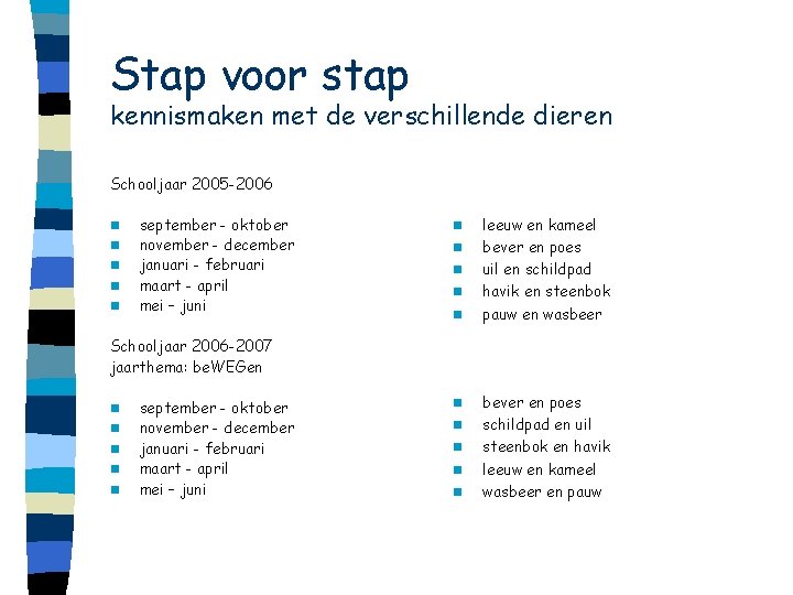 Stap voor stap kennismaken met de verschillende dieren Schooljaar 2005 -2006 n n n