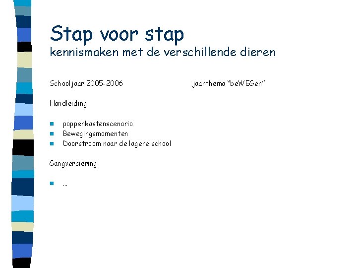Stap voor stap kennismaken met de verschillende dieren Schooljaar 2005 -2006 Handleiding n n