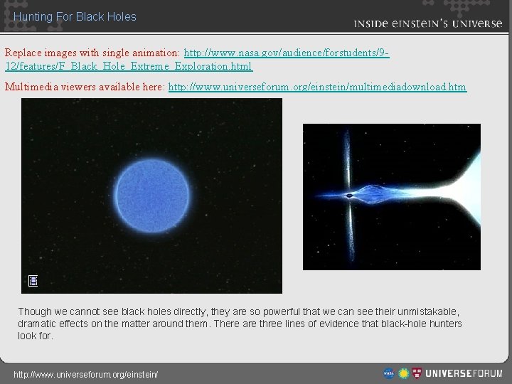 Hunting For Black Holes Replace images with single animation: http: //www. nasa. gov/audience/forstudents/912/features/F_Black_Hole_Extreme_Exploration. html