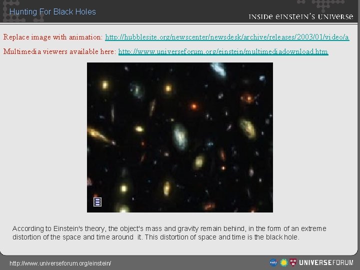 Hunting For Black Holes Replace image with animation: http: //hubblesite. org/newscenter/newsdesk/archive/releases/2003/01/video/a Multimedia viewers available