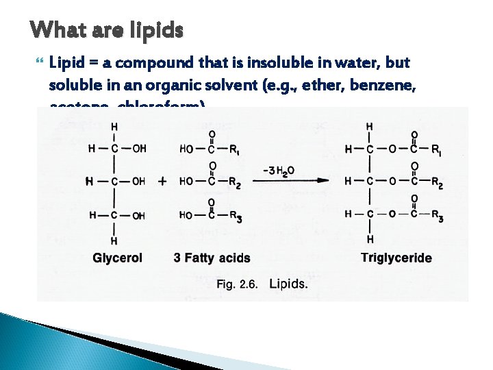 What are lipids Lipid = a compound that is insoluble in water, but soluble