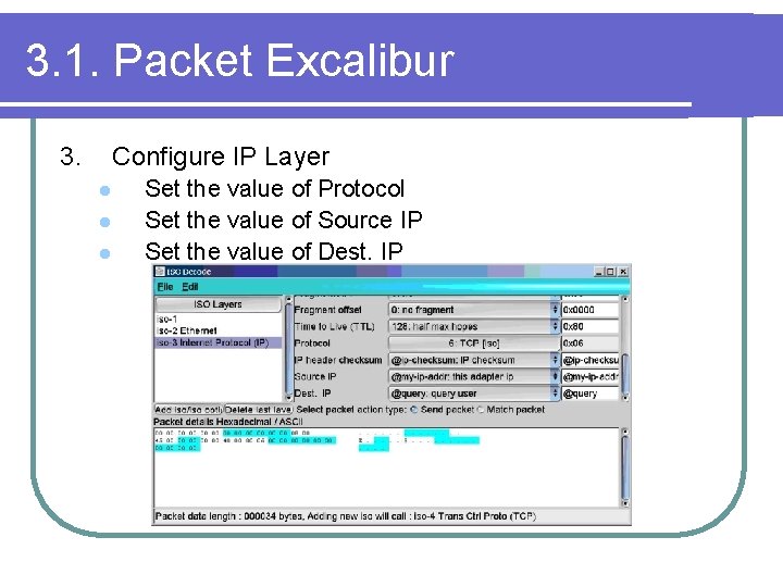 3. 1. Packet Excalibur 3. Configure IP Layer l l l Set the value