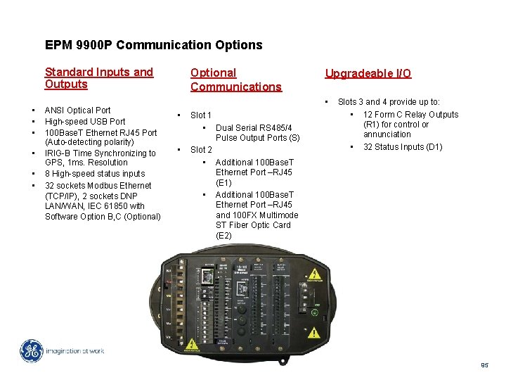 EPM 9900 P Communication Options Standard Inputs and Outputs • • • ANSI Optical