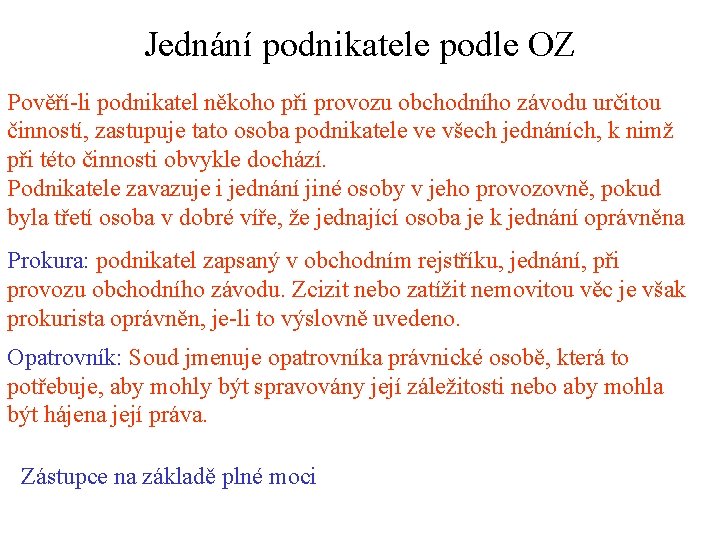 Jednání podnikatele podle OZ Pověří-li podnikatel někoho při provozu obchodního závodu určitou činností, zastupuje