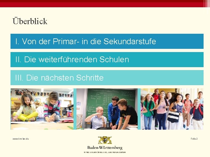 Überblick I. Von der Primar- in die Sekundarstufe II. Die weiterführenden Schulen III. Die