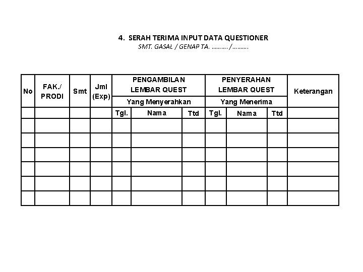 4. SERAH TERIMA INPUT DATA QUESTIONER SMT. GASAL / GENAP TA. ………. /………. No 4. SERAH TERIMA INPUT DATA QUESTIONER SMT. GASAL / GENAP TA. ………. /………. No