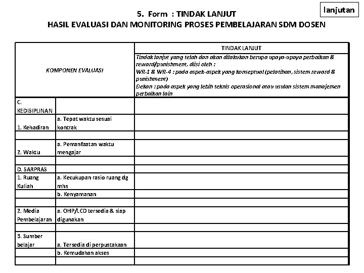 lanjutan 5. Form : TINDAK LANJUT HASIL EVALUASI DAN MONITORING PROSES PEMBELAJARAN SDM DOSEN lanjutan 5. Form : TINDAK LANJUT HASIL EVALUASI DAN MONITORING PROSES PEMBELAJARAN SDM DOSEN