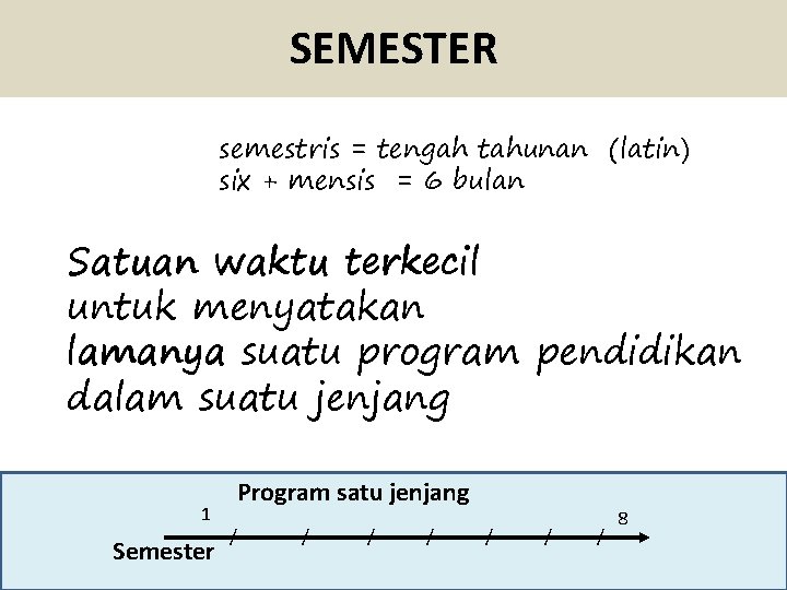 SEMESTER semestris = tengah tahunan (latin) six + mensis = 6 bulan Satuan waktu SEMESTER semestris = tengah tahunan (latin) six + mensis = 6 bulan Satuan waktu