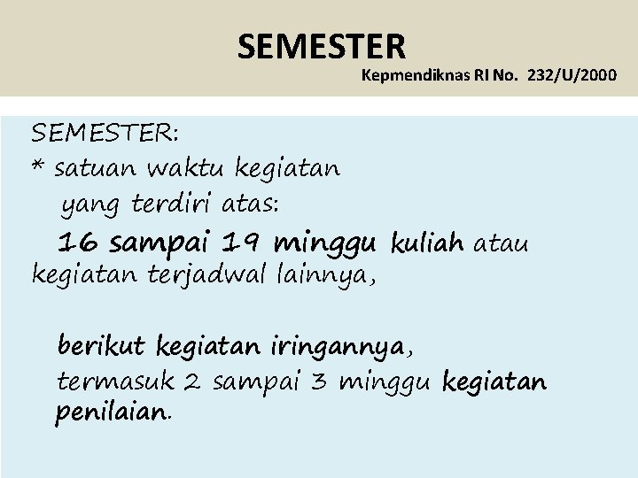 SEMESTER Kepmendiknas RI No. 232/U/2000 SEMESTER: * satuan waktu kegiatan yang terdiri atas: 16 SEMESTER Kepmendiknas RI No. 232/U/2000 SEMESTER: * satuan waktu kegiatan yang terdiri atas: 16