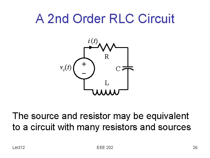 A 2 nd Order RLC Circuit i (t) R vs(t) + – C L