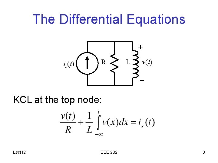 The Differential Equations + is(t) R L v(t) – KCL at the top node: